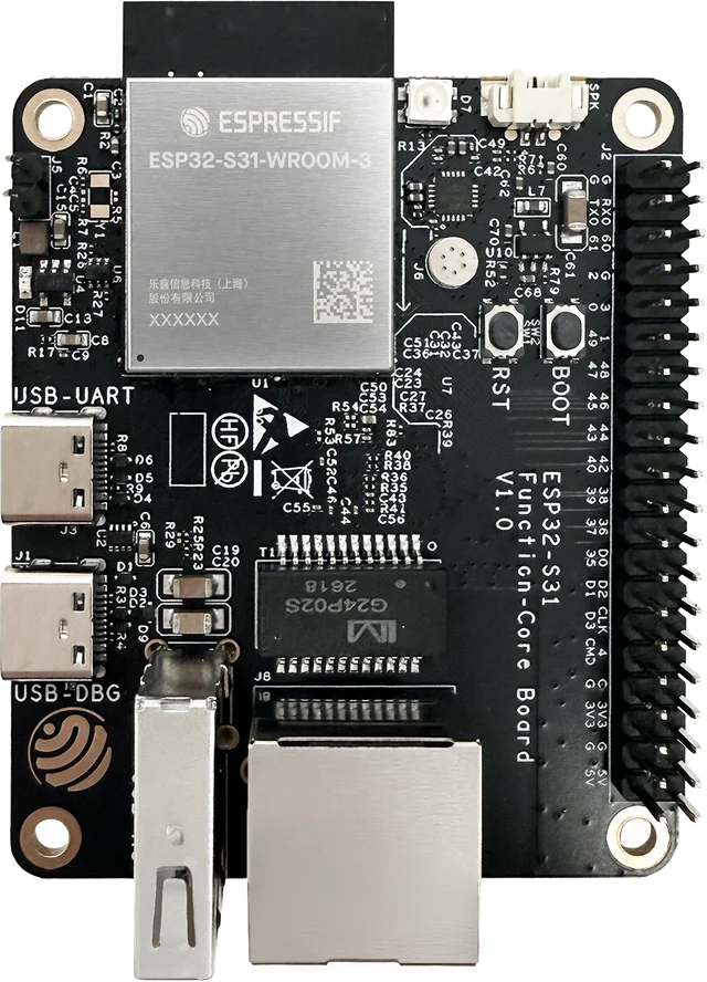 ESP32-S31 Function-CoreBoard: the USB-UART port is the upper USB-C on the left edge, above USB-DBG